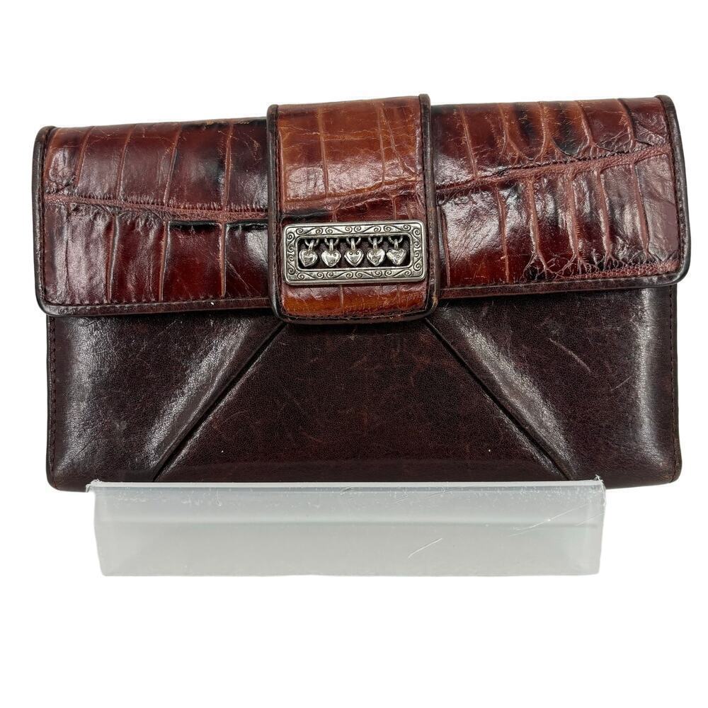 Brighton Wallet Brown Reptile Embossed Leather Floating Heart Folding‎ Checkbook